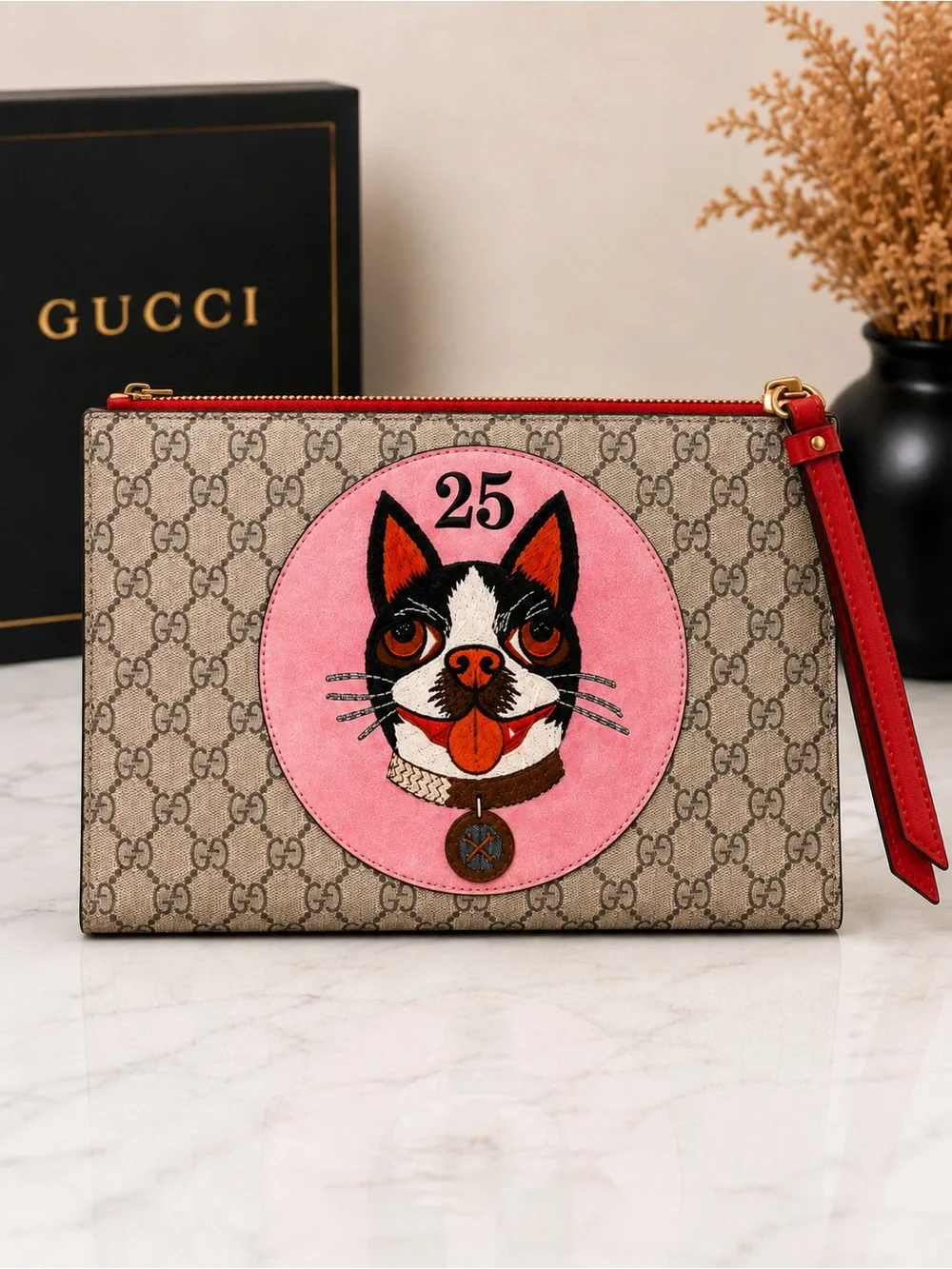 Gucci Bosco Boston Terrier GG Supreme Year of the Dog Limited Edition Pouch